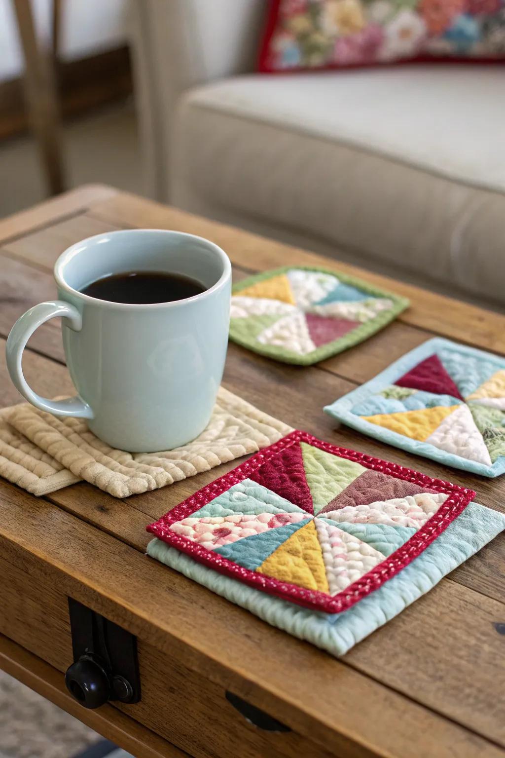 Handmade patchwork coasters in earthy hues, bringing warmth to any setting.