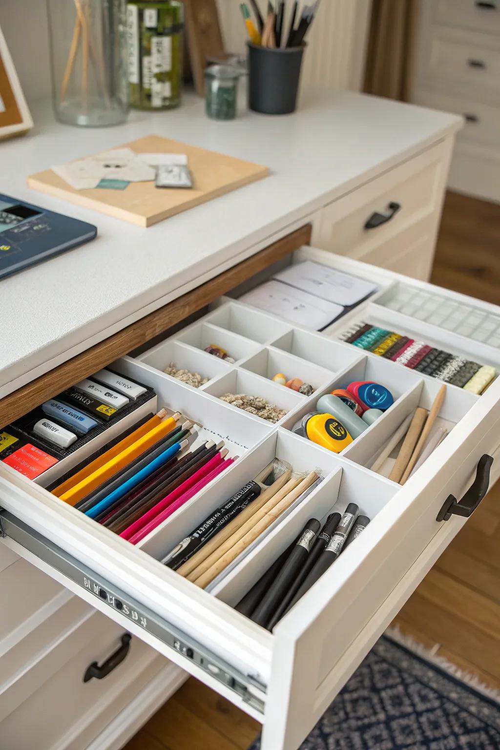 Drawer dividers ensure small art supplies stay organized.