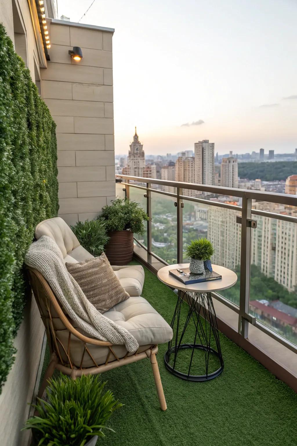 A private urban balcony enhanced by an artificial grass wall, offering a green retreat.
