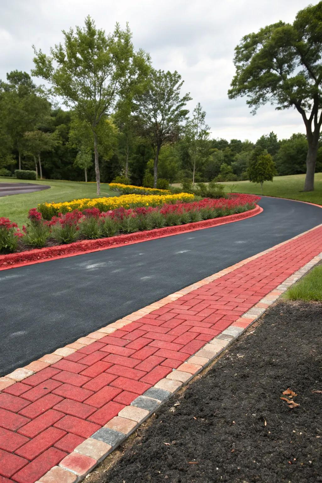 Bold red pavers create a striking contrast against this asphalt driveway.