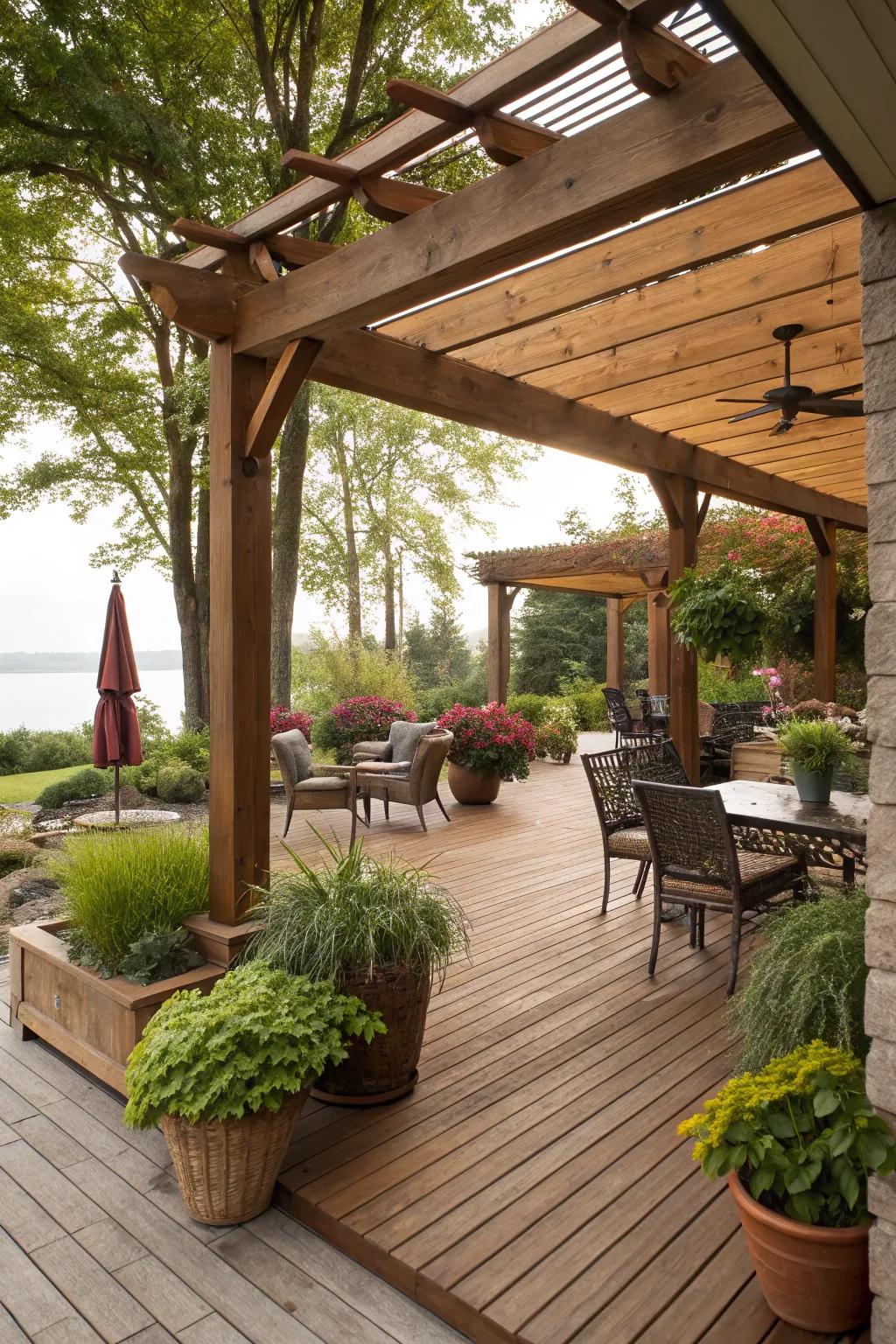 Natural wood beams imbue a patio with countryside charm.
