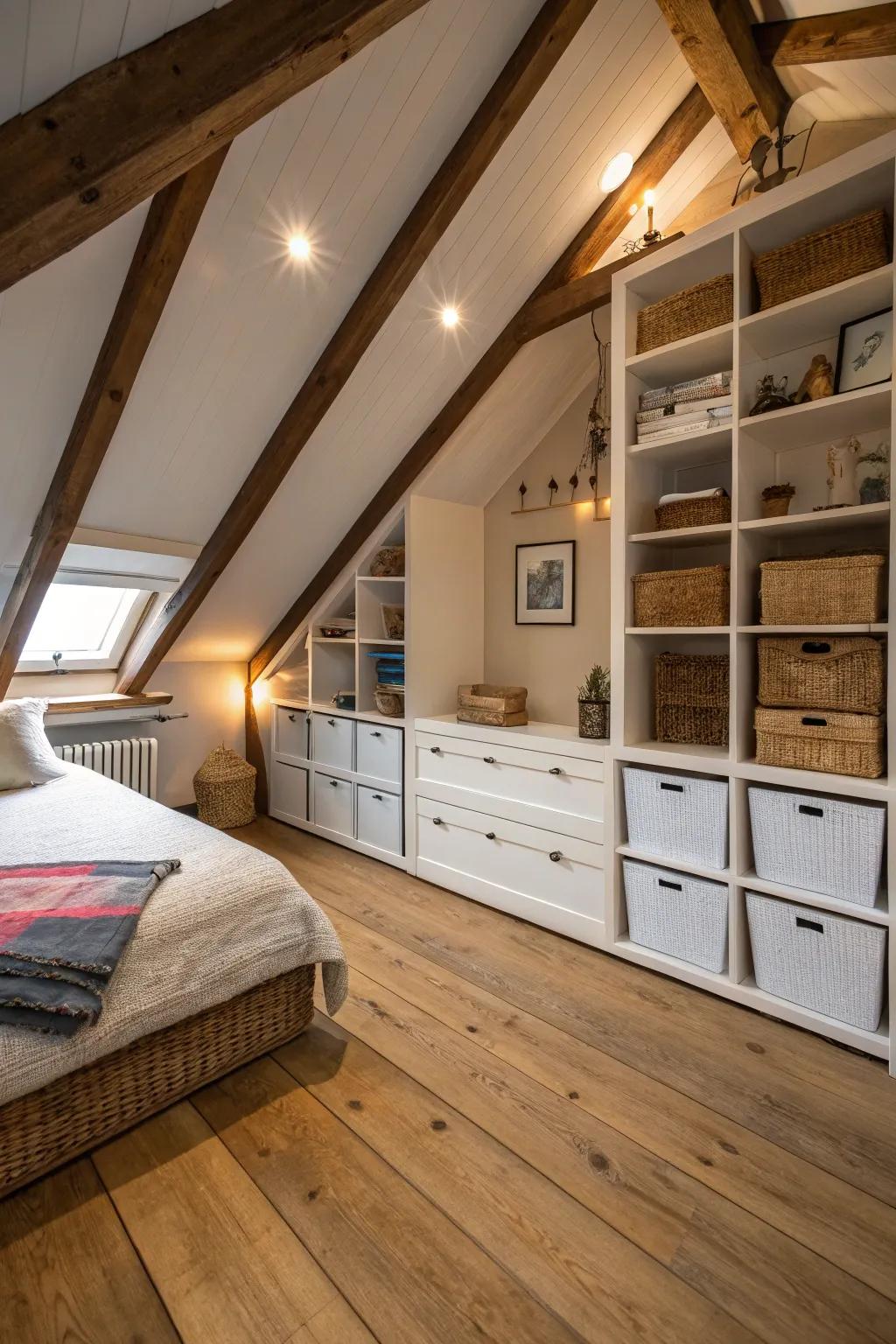 Integrated storage boosts efficiency in your attic bedroom.