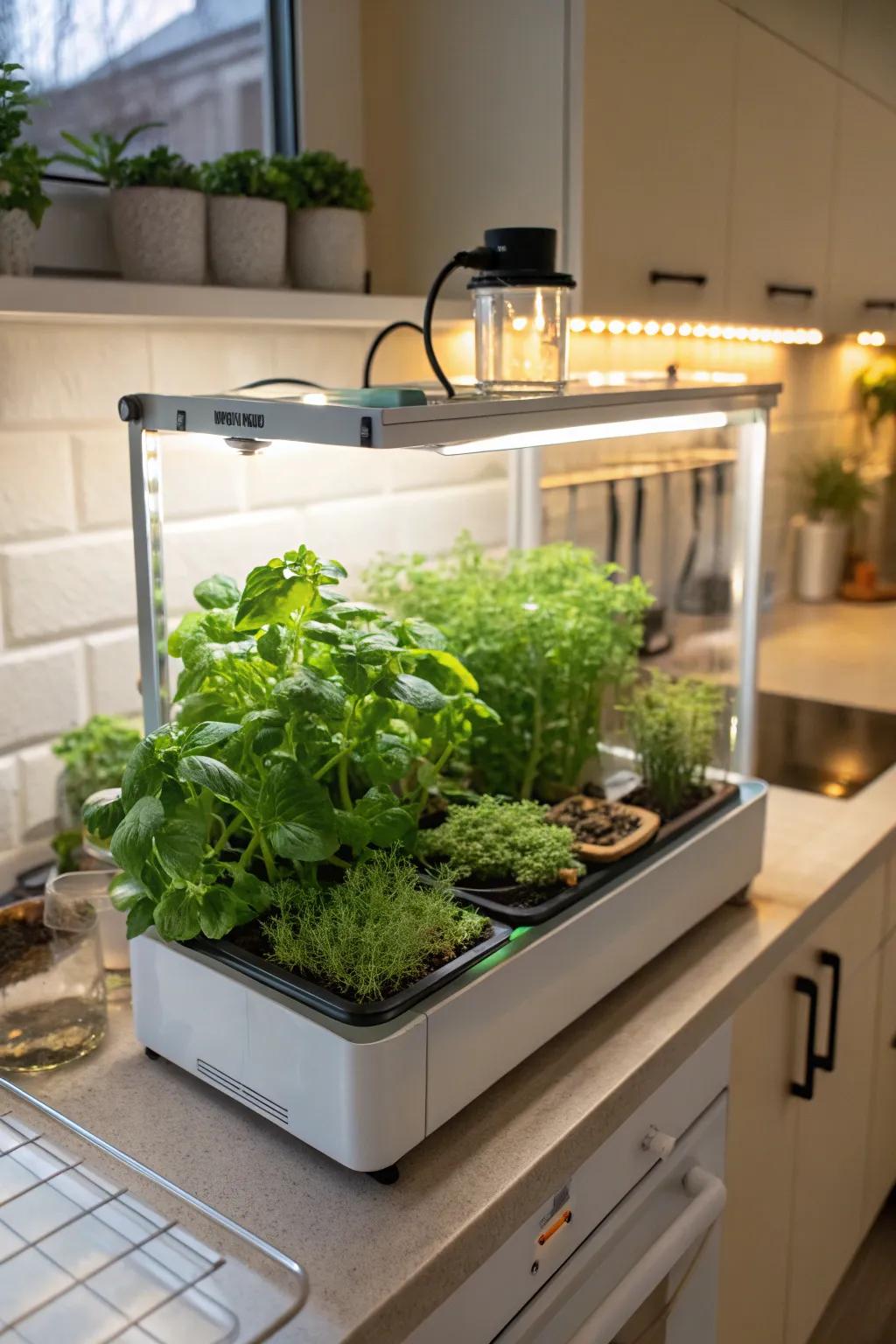 A compact greenhouse with built-in lights, perfect for cultivating herbs.