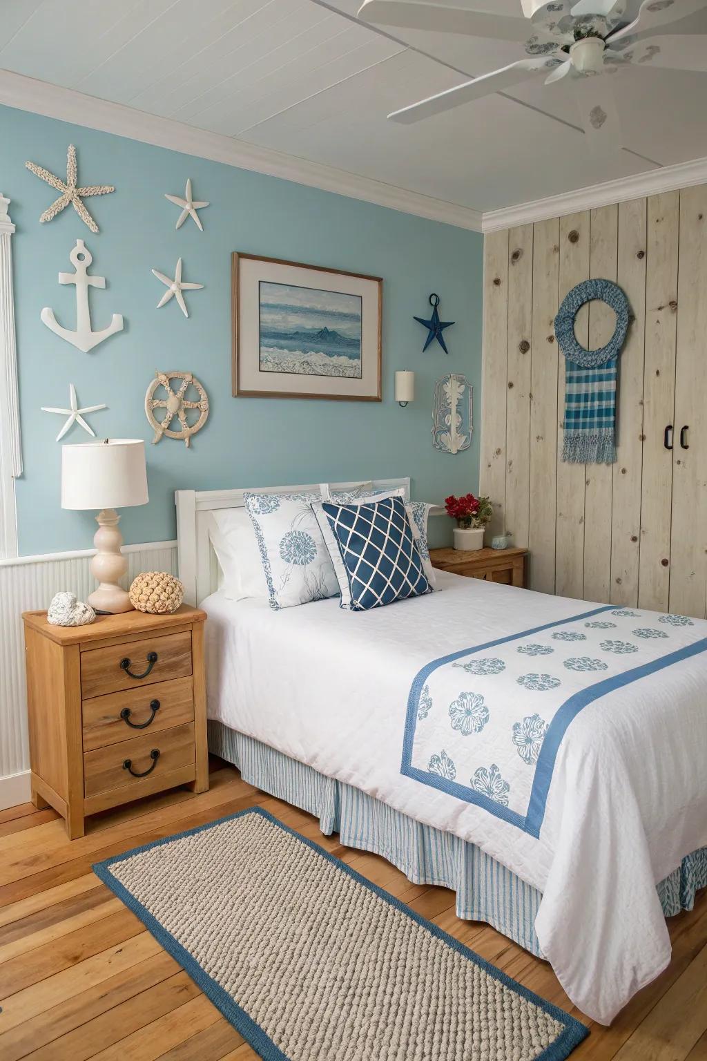 A coastal-themed bedroom welcoming the sea's tranquility inside.