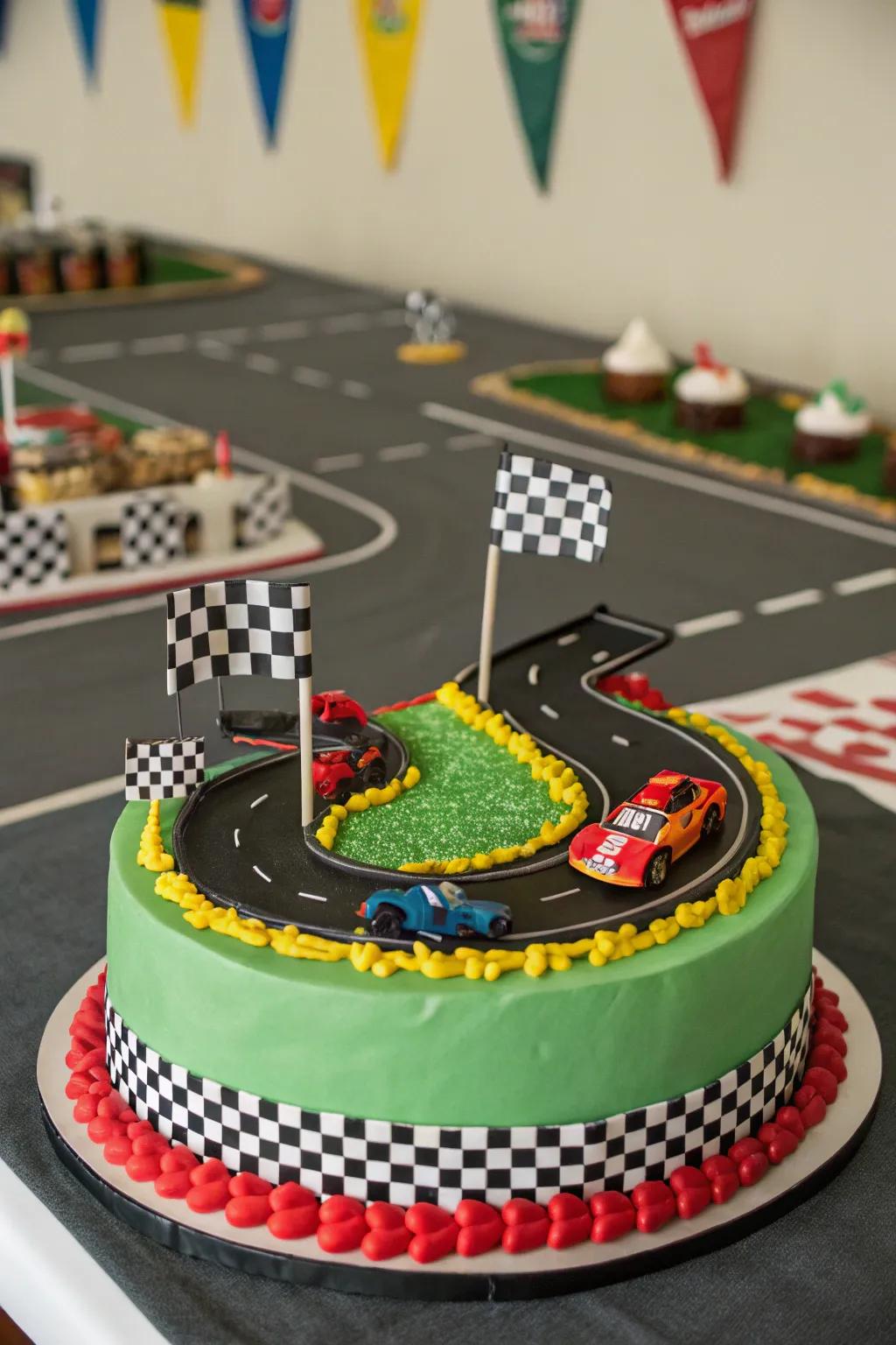 A lively car race-inspired cake suitable for young car lovers.