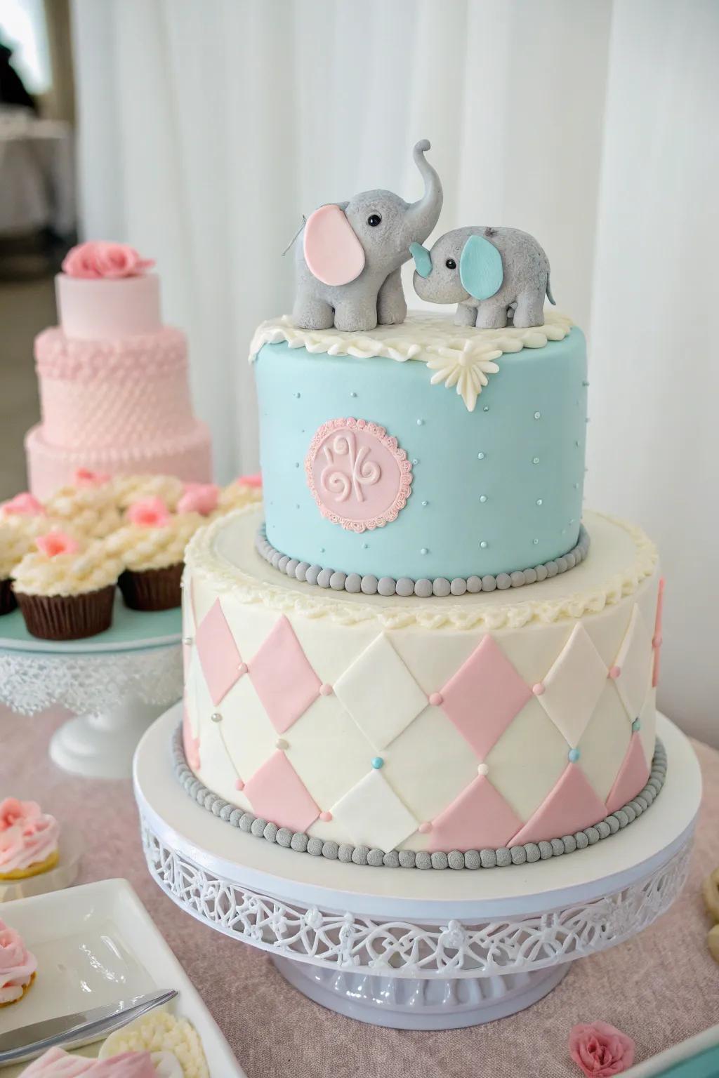 A whimsical cake with adorable elephants for a baby boy shower.
