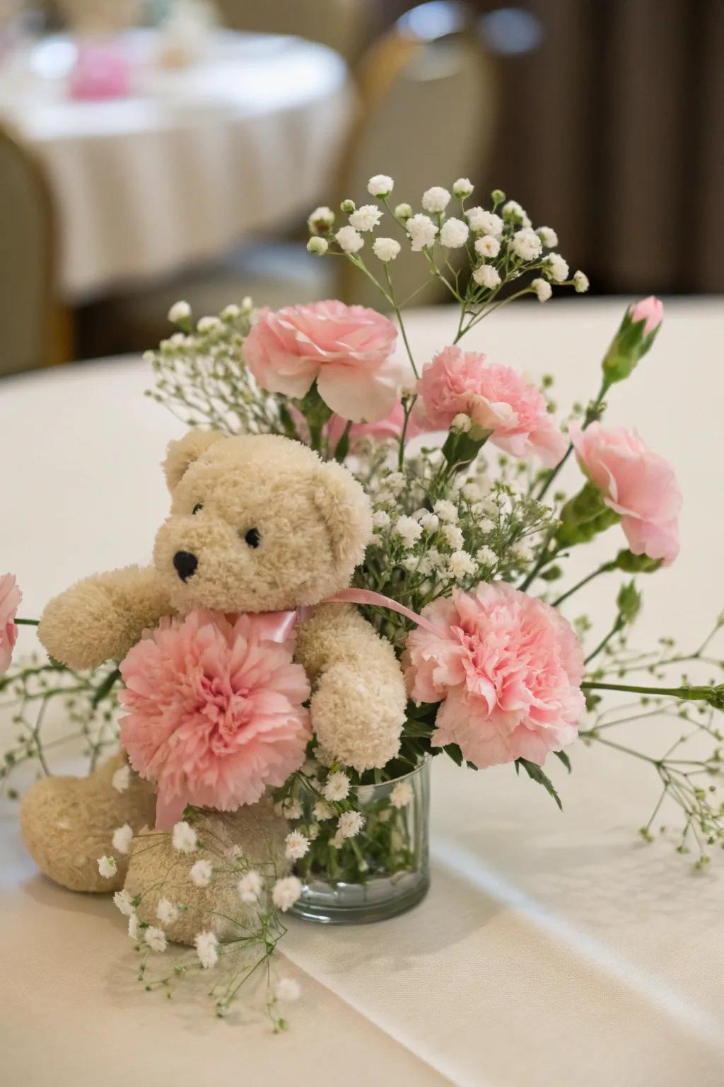 Adorable cuddle bear centerpiece with delicate florals.