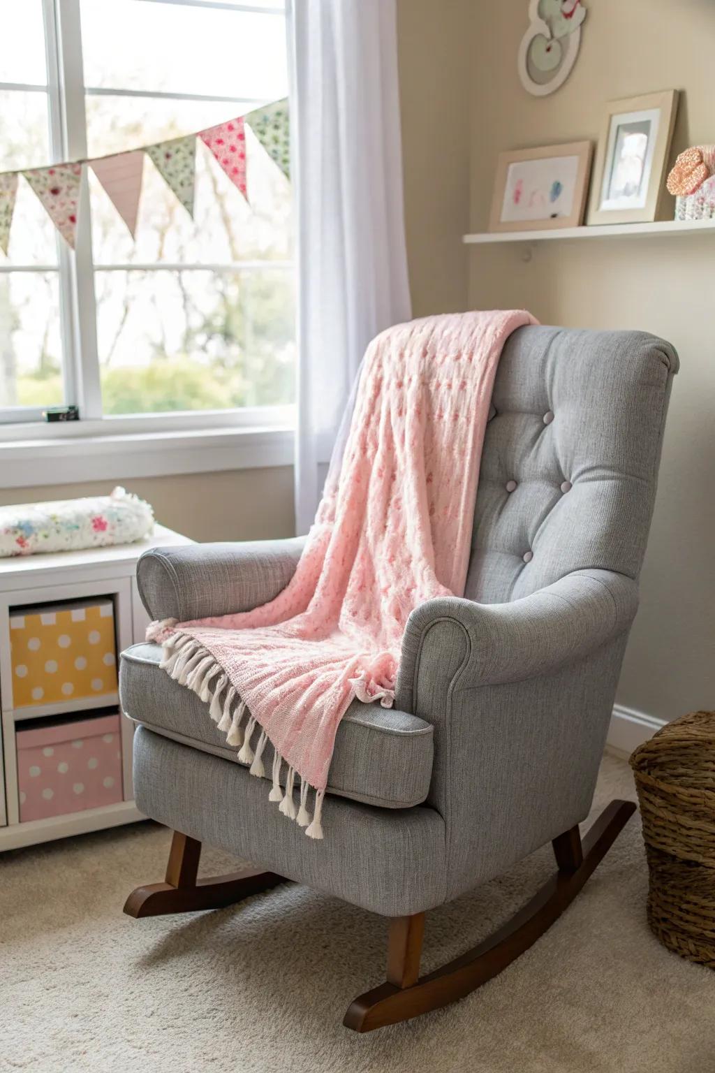 A grey rocking chair offers comfort and style.