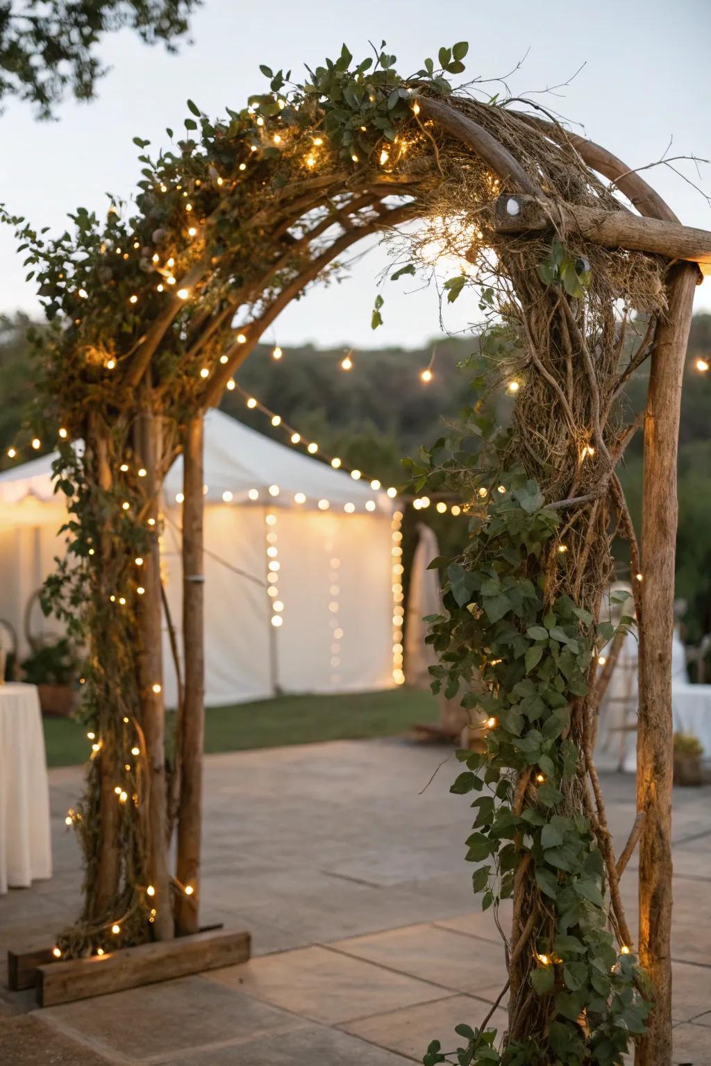 A countryside arch merging branches and greenery for an earthy vibe.