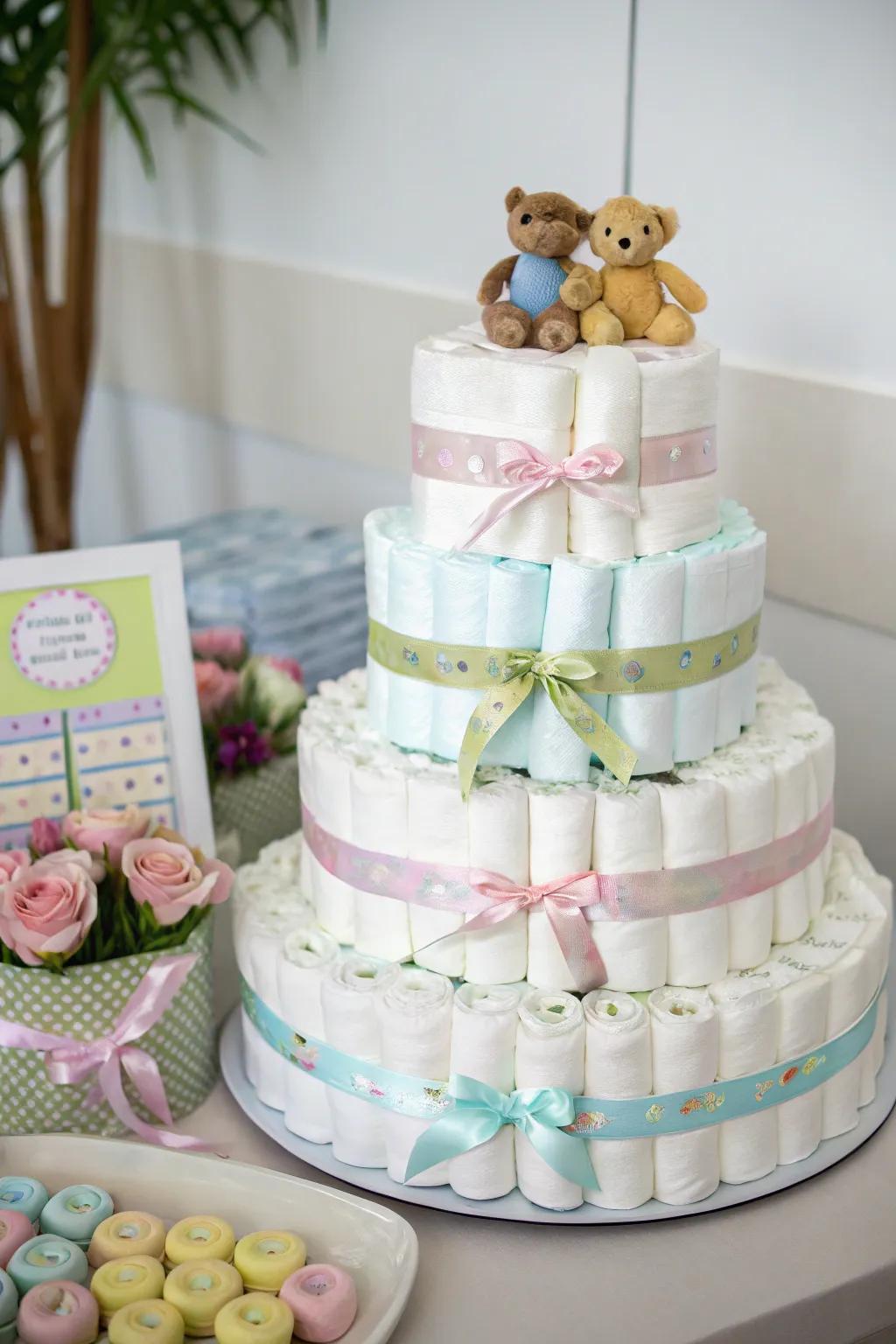 A captivating stacked diaper creation serving as adornment and practicality.