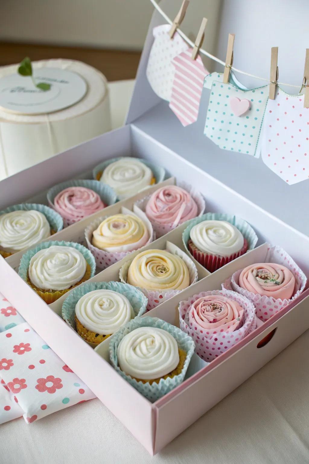 Onesies presented as cupcakes in a bakery box for a sweet and creative gift.