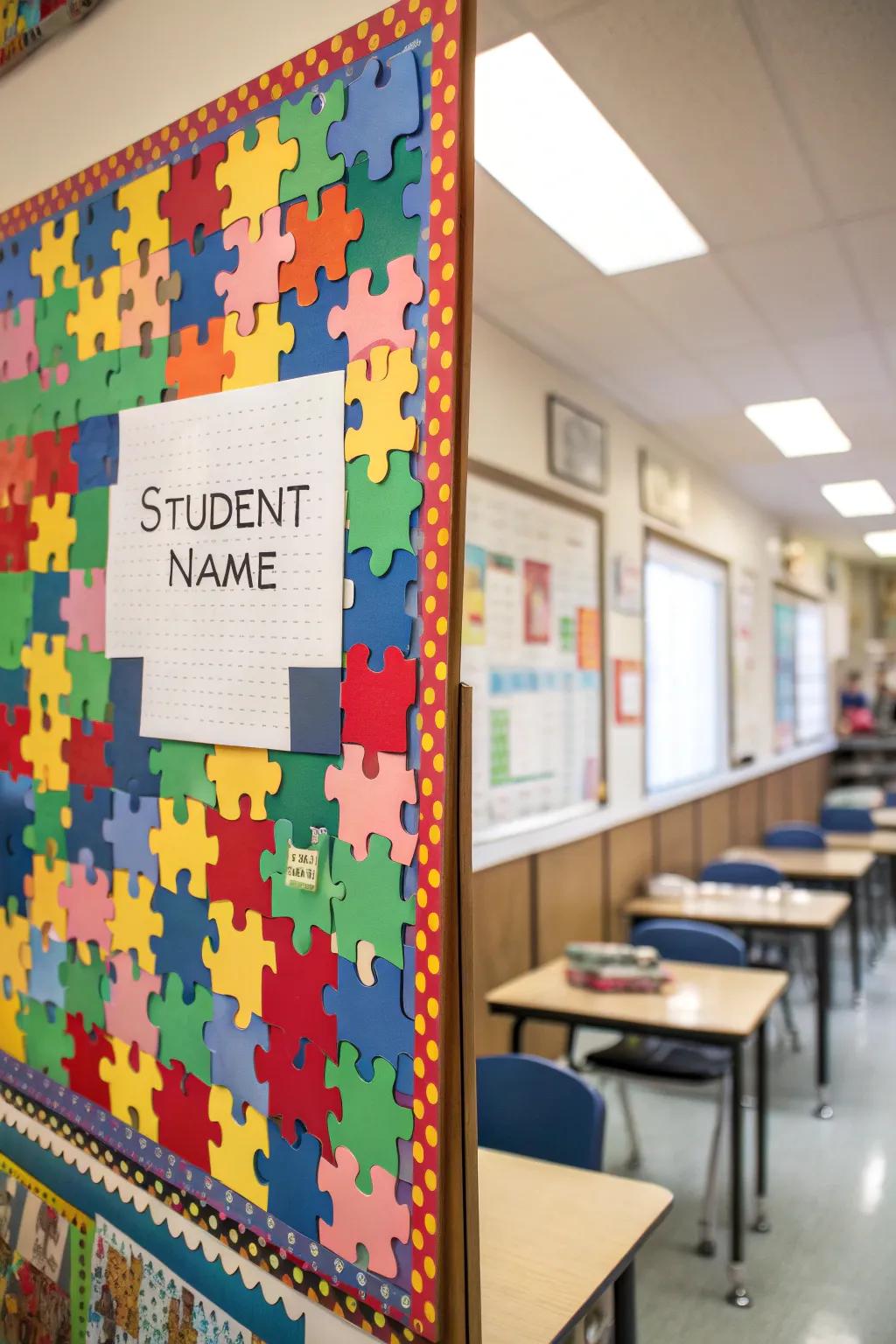 A puzzle-themed bulletin board celebrating classroom unity.