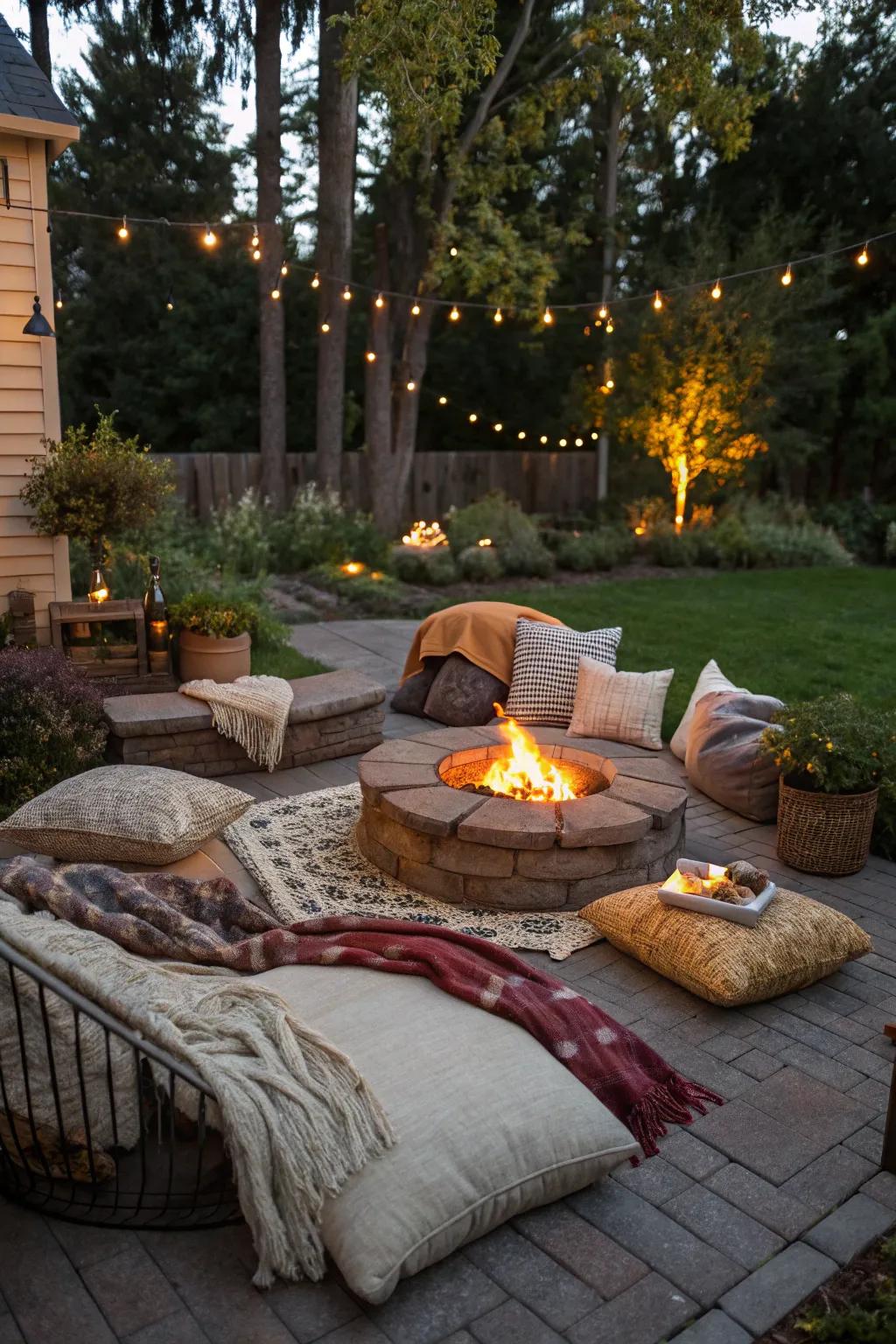 Cushions and blankets create a comfortable seating arrangement.