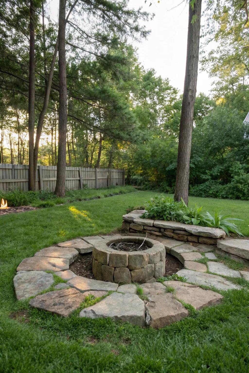 A stone-lined bonfire spot offers a classic and earthy appearance.