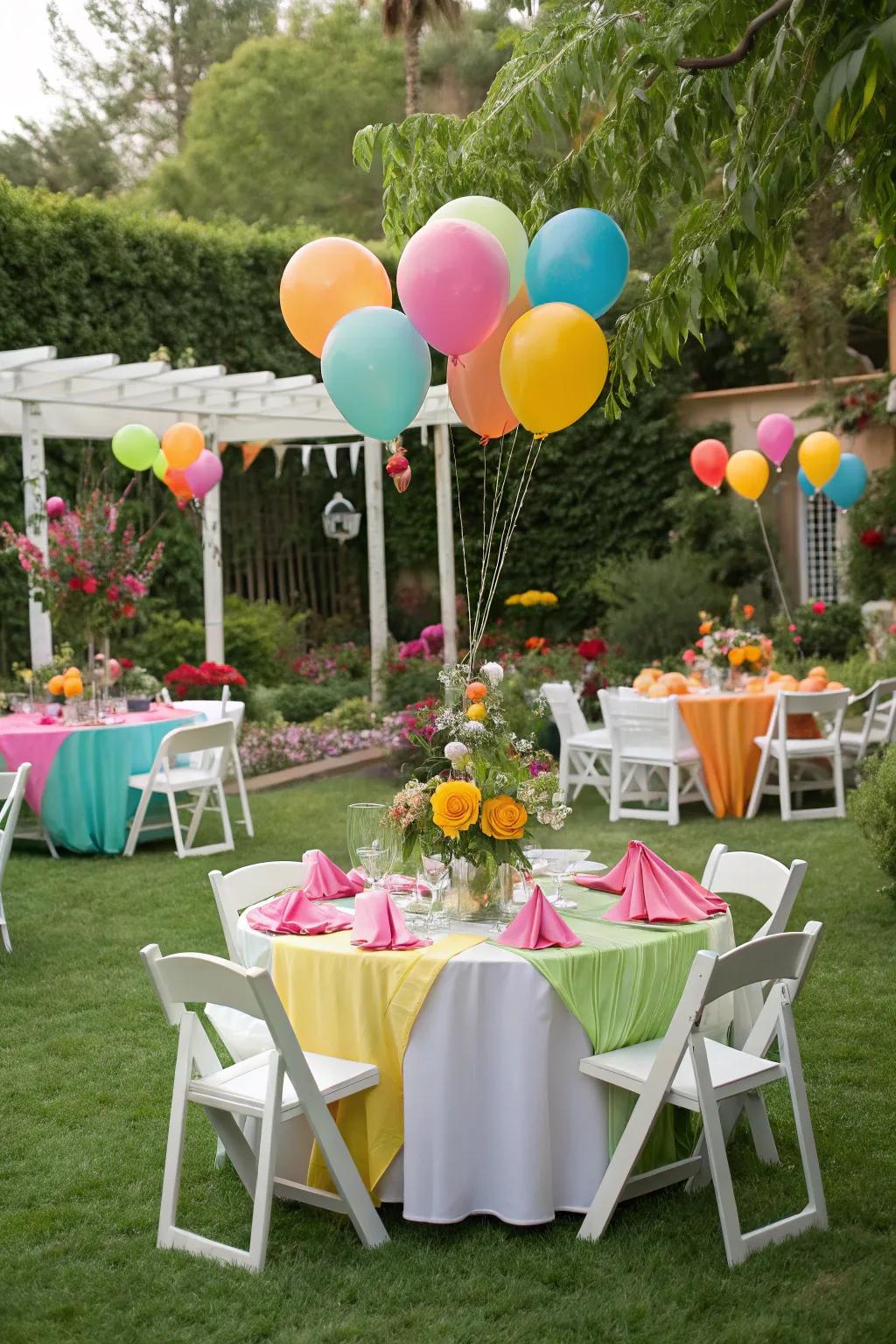 Brightly colored inflated spheres and table squares enrich the garden celebration with bursts of color.