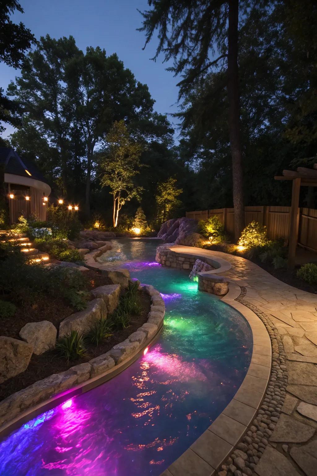 A beautifully illuminated meandering pool, casting a magical radiance.