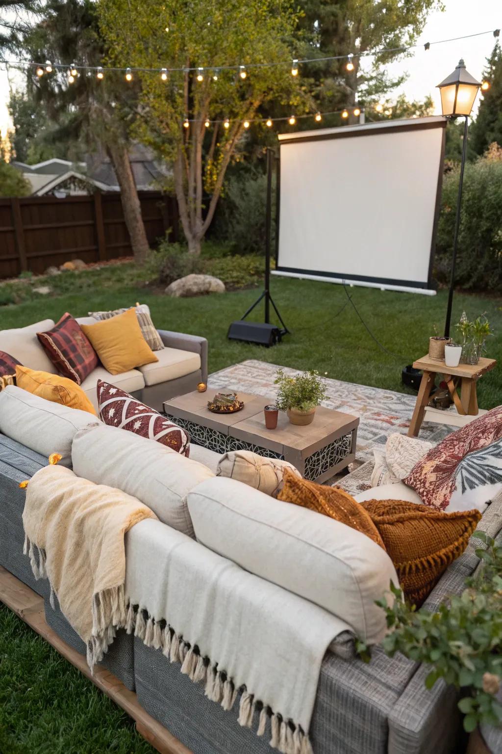 Outdoor sofas and partitions fashion a sophisticated and pleasant film evening setting.