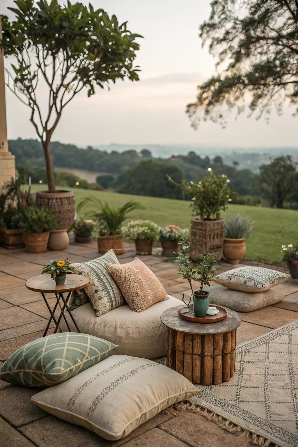 Plush seating with luxurious pads uplifts outdoor relaxation.