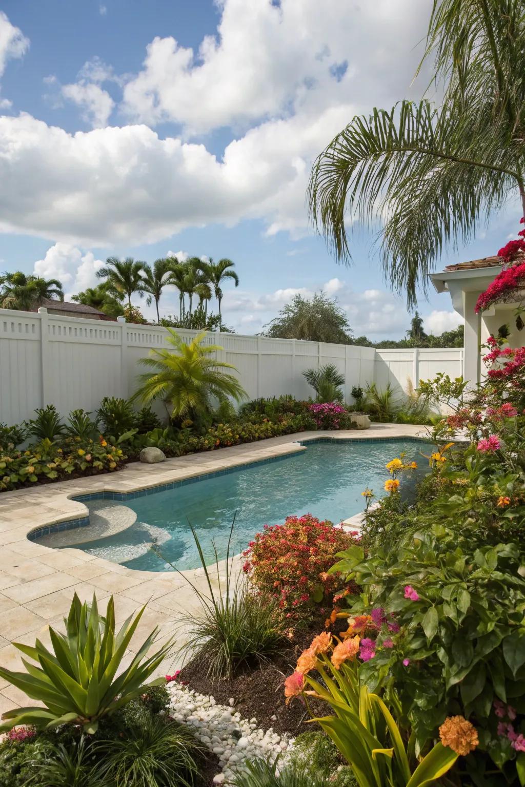 Change your pool area into a tropical paradise using abundant landscaping.