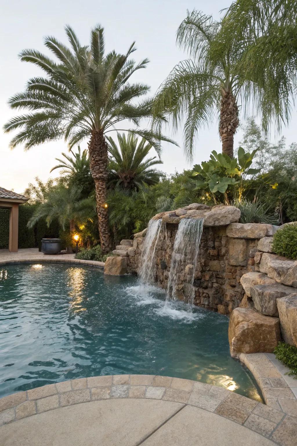 A cascade feature heightens the opulence and serenity of this pool area.