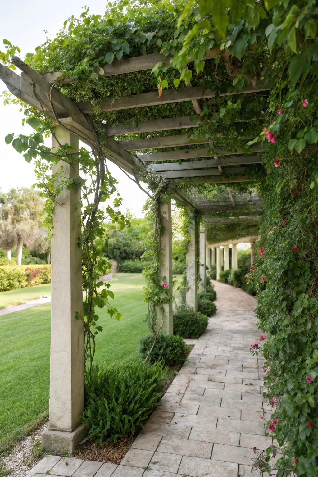 A snug pergola draped in vines, boosting both privacy and charm.