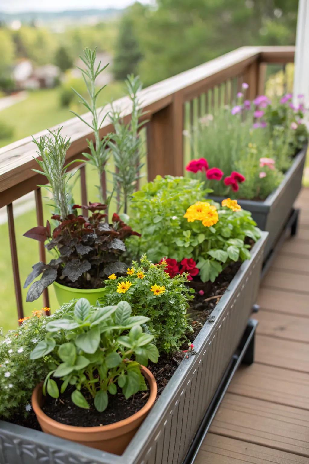 Integrated plant containers contribute verdure and vitality to your deck.