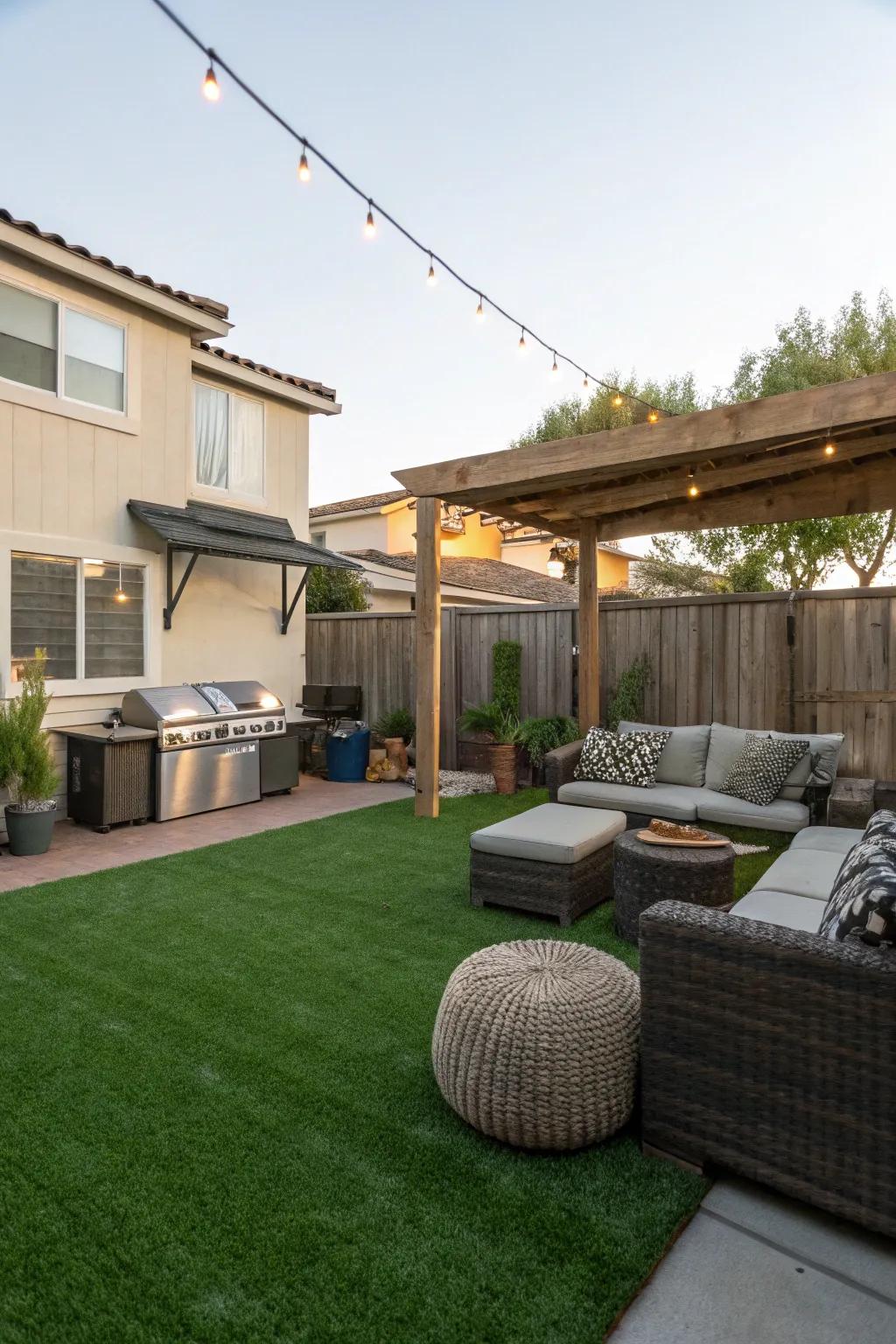 An entertainment area set on vibrant artificial grass.