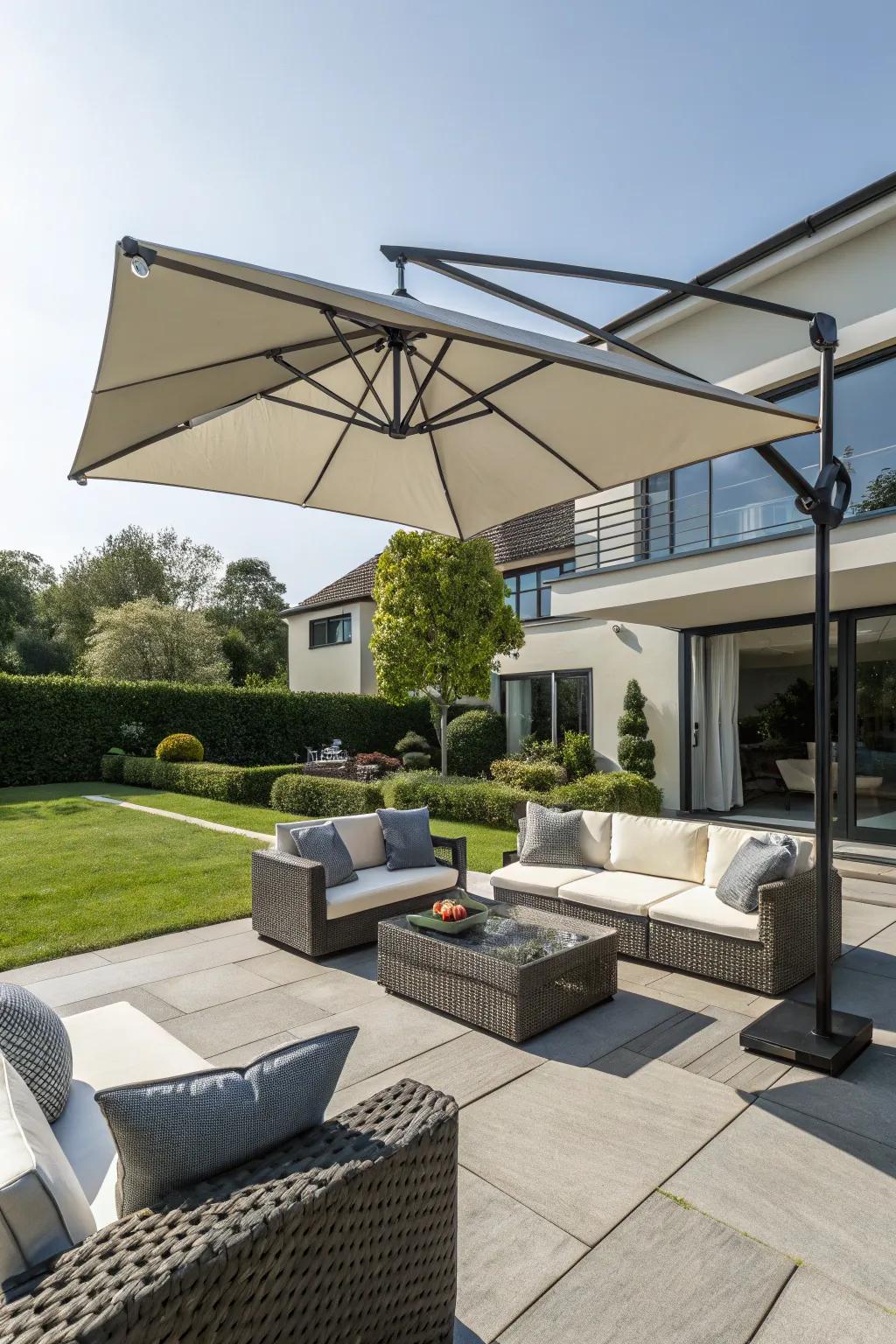A stylish overhanging shade providing versatile protection.