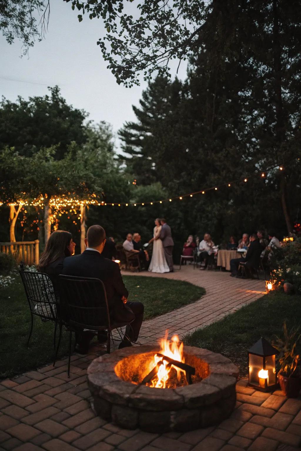A comfortable outdoor fireplace area offers a warm place for visitors to gather.
