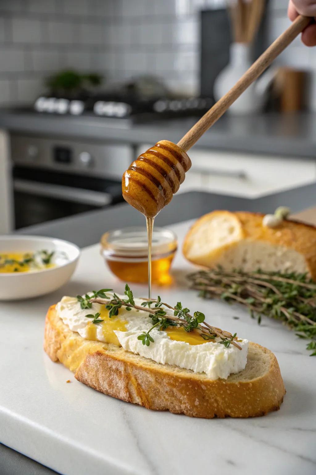 Cow cheese and floral nectar on a baguette, an ideal marriage of zest and sweetness.