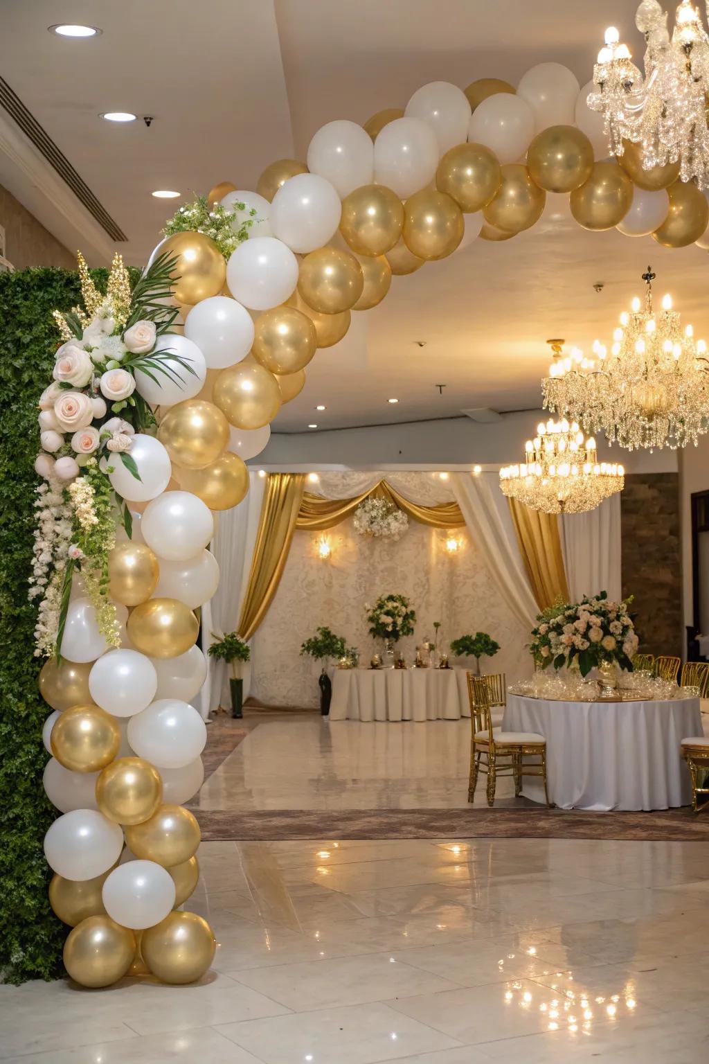 A sophisticated gold and white balloon arch for formal events.