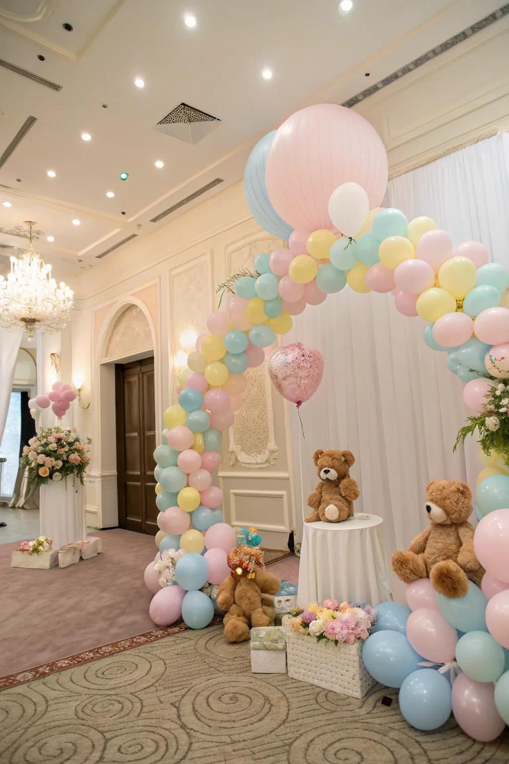 An adorable teddy bear-themed balloon display radiating warmth and charm for a baby shower