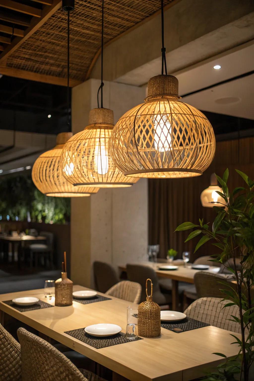 Bamboo pendant lights over a dining table