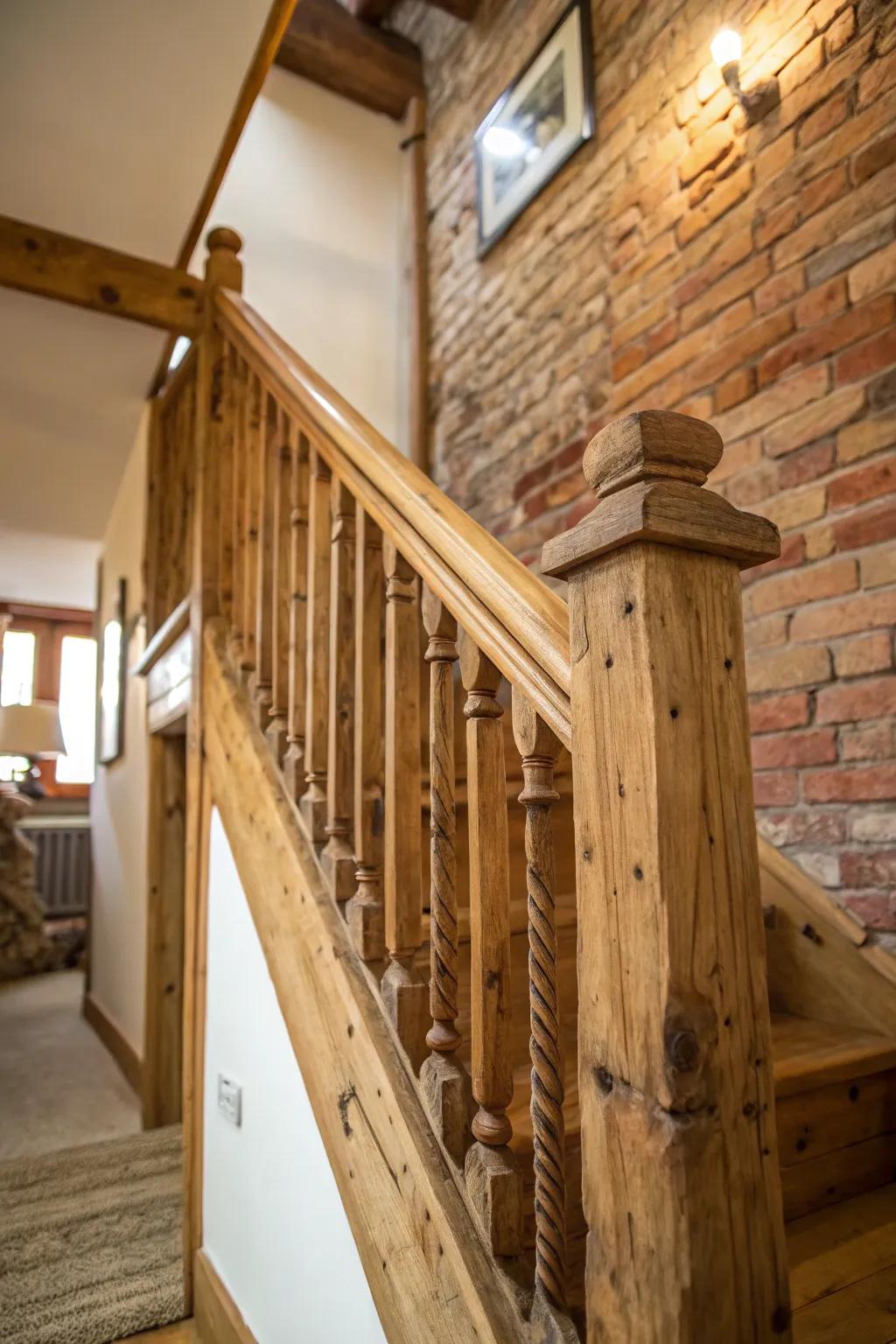 Country allure is evident with a timber railing against exposed brick.