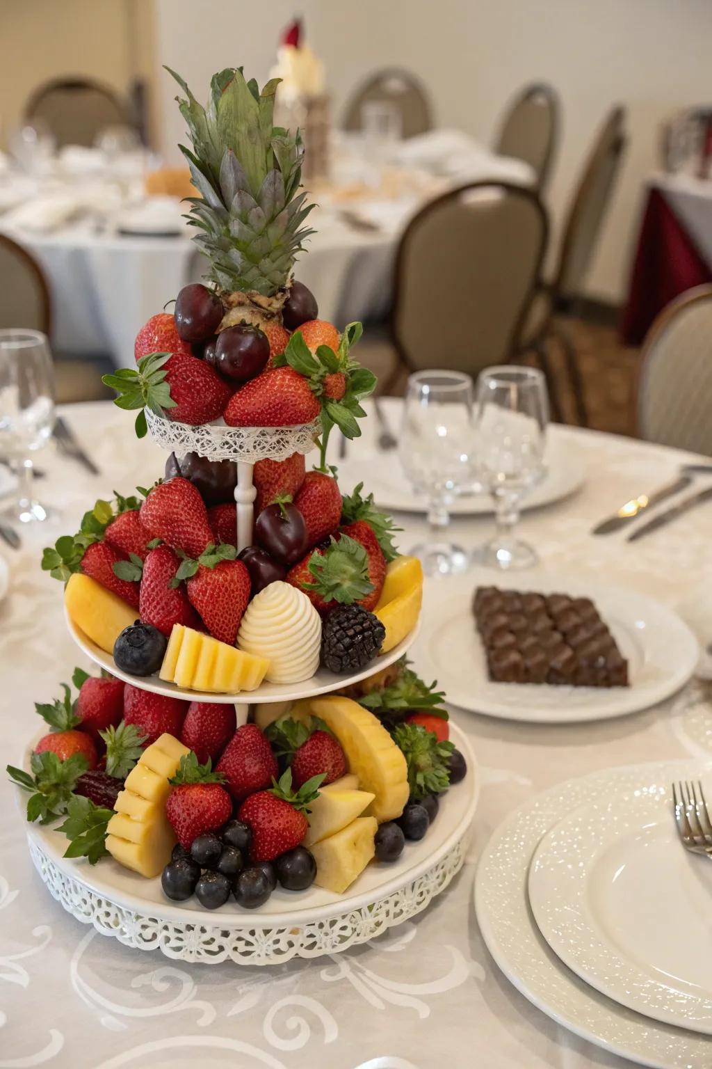 An alluring edible centerpiece featuring fruits and chocolates.