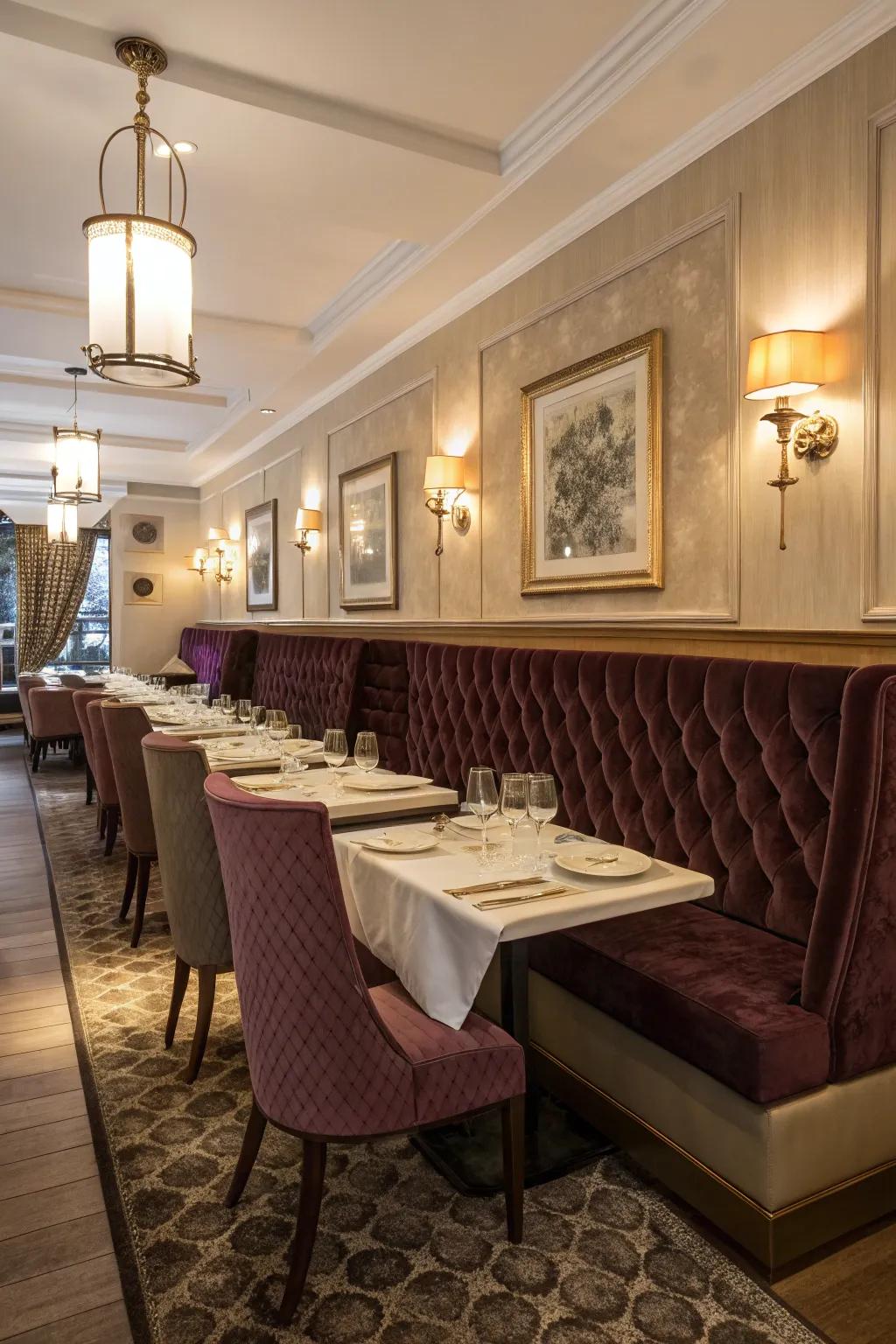 Elegant banquette seating upholstered in velvet, adding a touch of class.