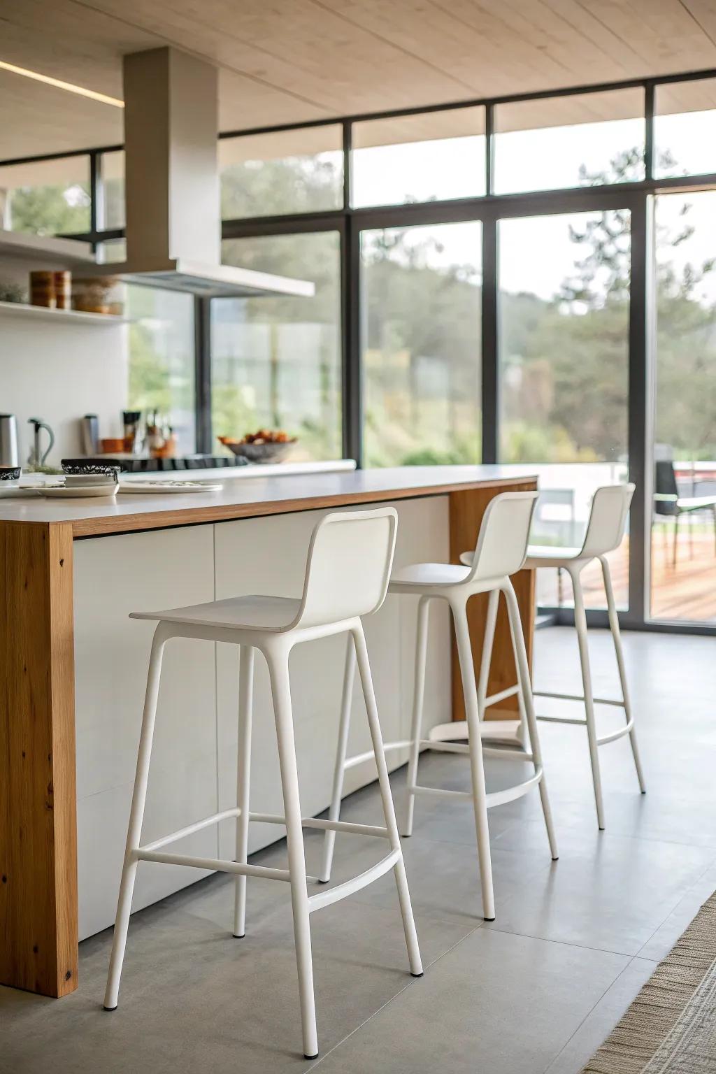 Minimalist bar stools in a serene kitchen.