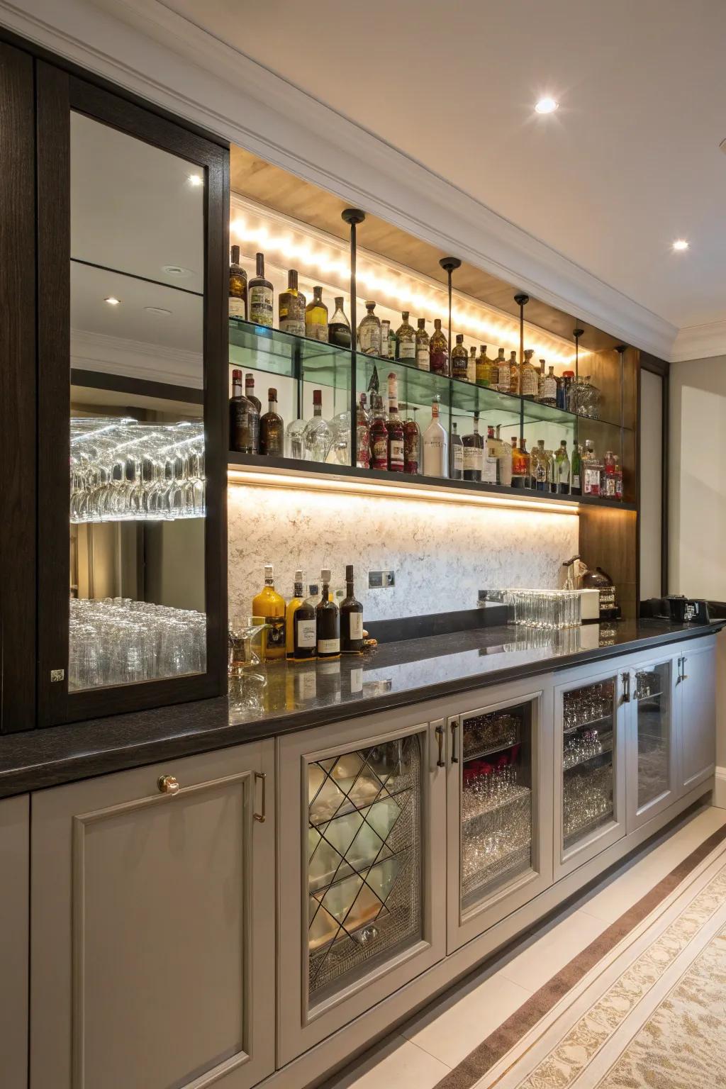 Reflective backsplashes add depth and a hint of glamour to your bar space.