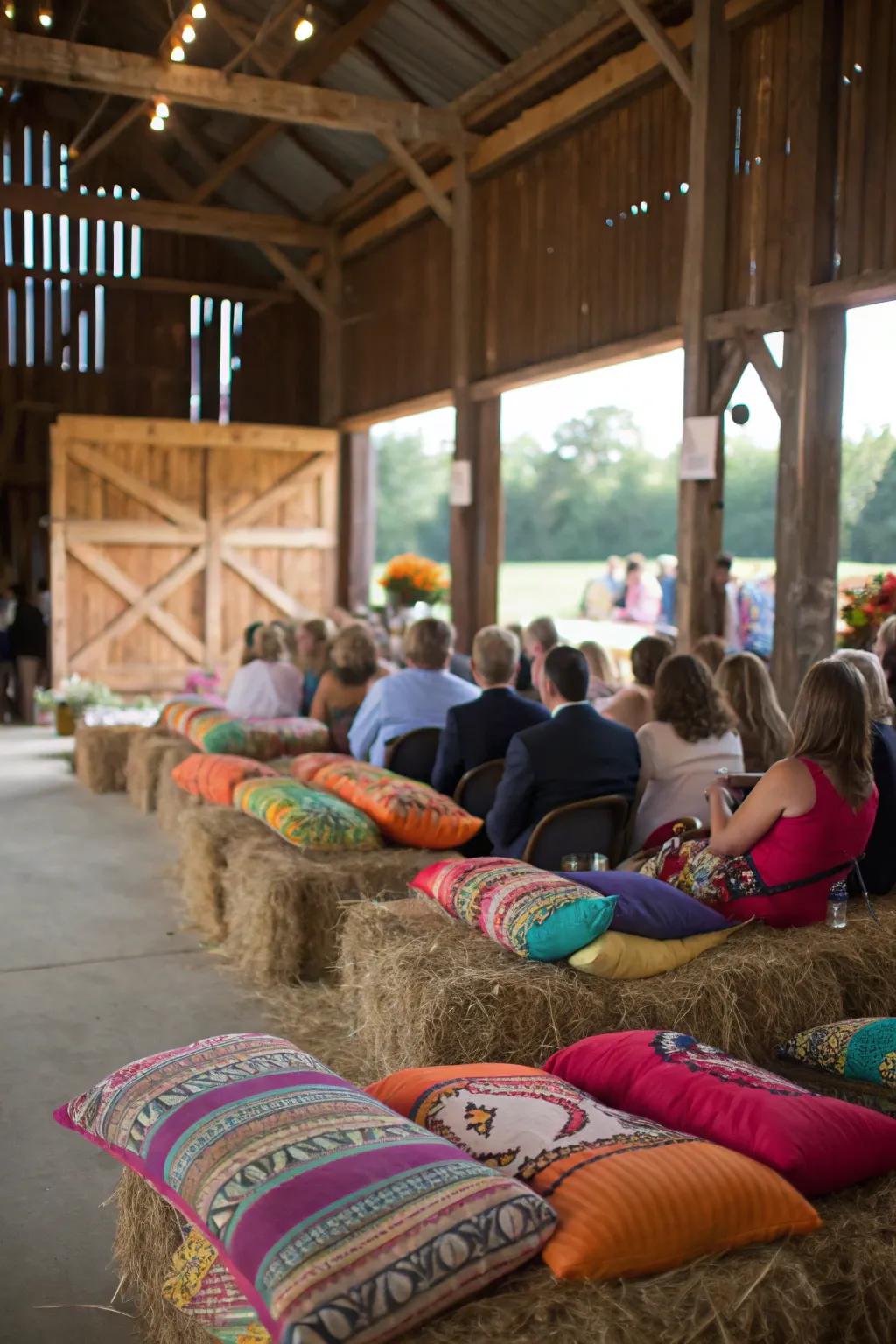 Hay bales provide laid-back and cozy seating solutions.