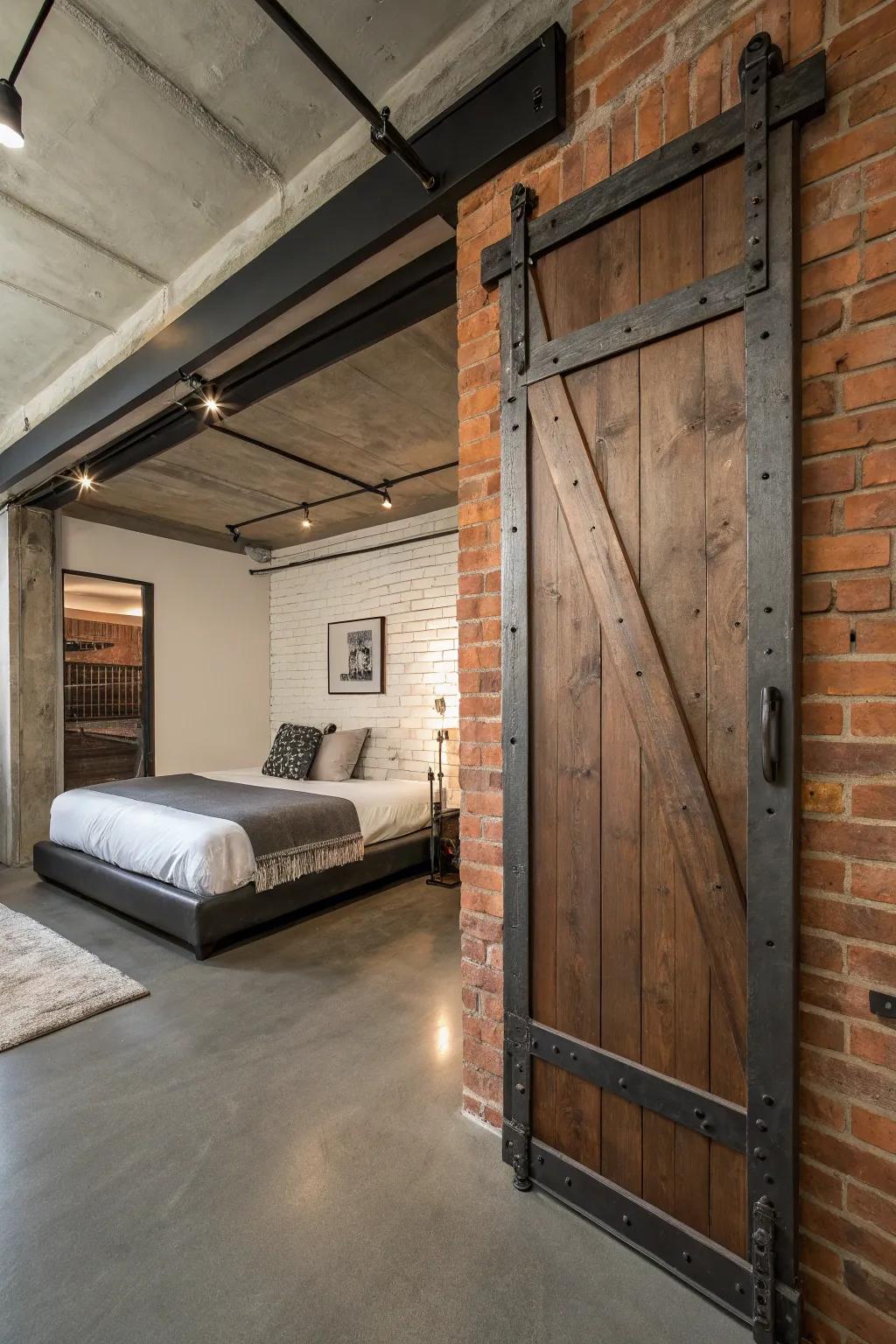 An industrial-style bedroom with a barn door featuring metal accents.