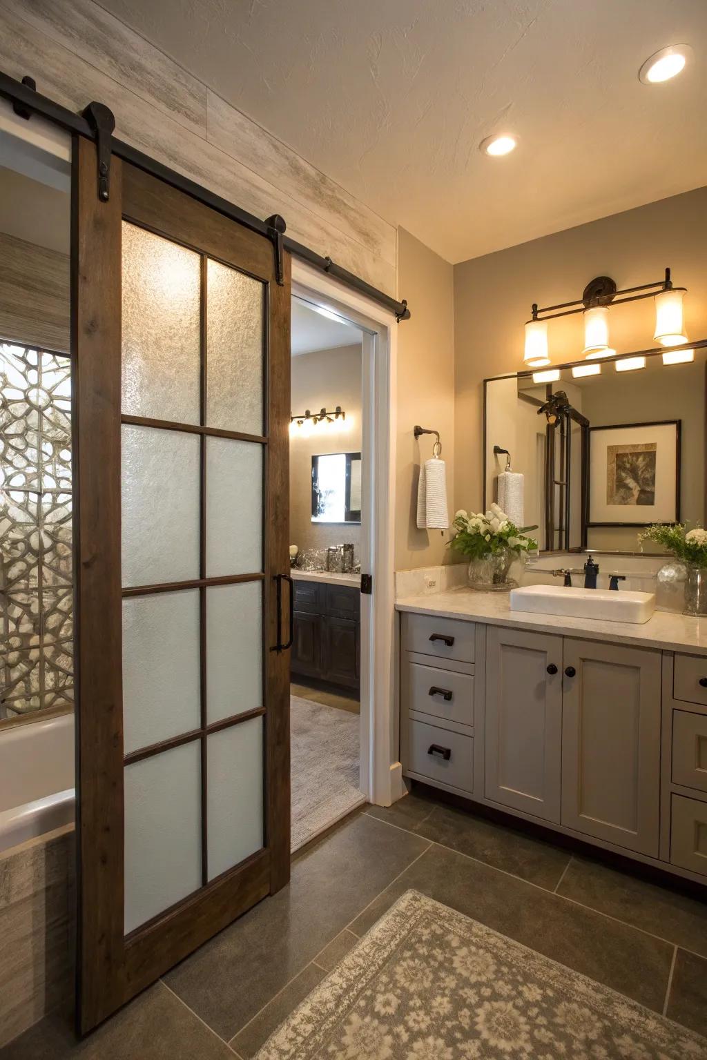 Frosted glass panels add a sophisticated touch while maintaining privacy.