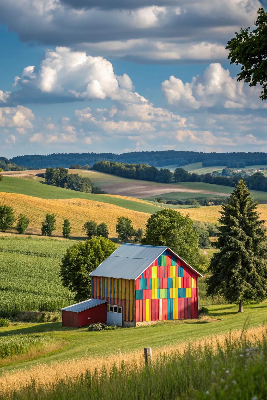 A barn showcases a bright color scheme that enlivens its location.