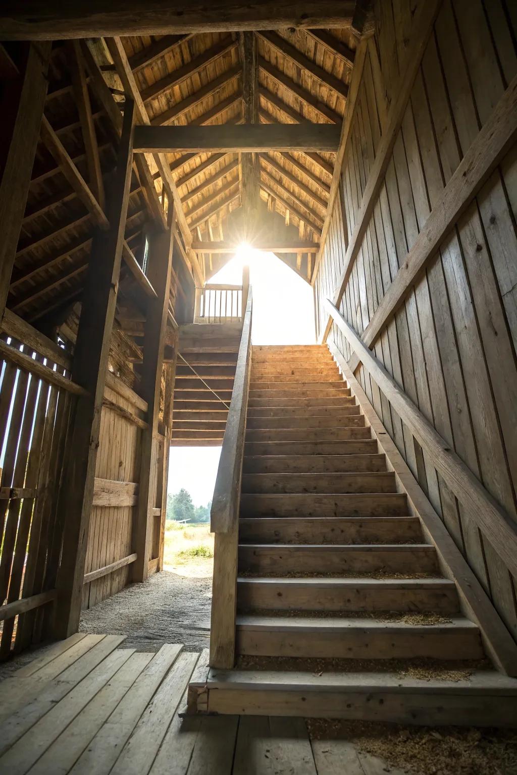 Open risers lend a light and expansive feel to a barn staircase.