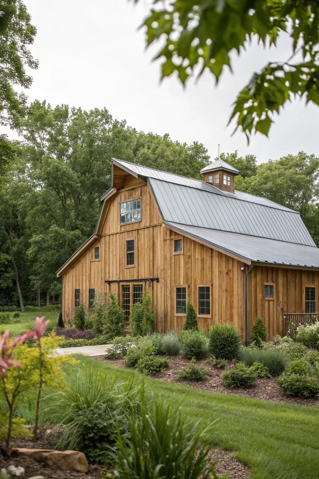 Wood and metal elements combine for a durable yet stylish barndominium exterior.
