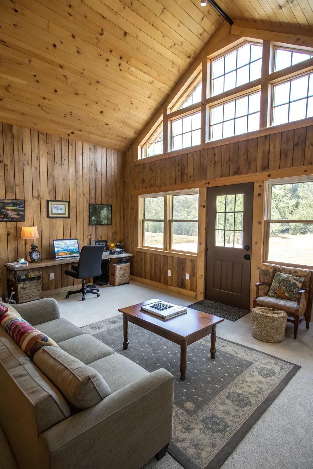 An adaptable zone serves as both a cozy living room and a functional home office.