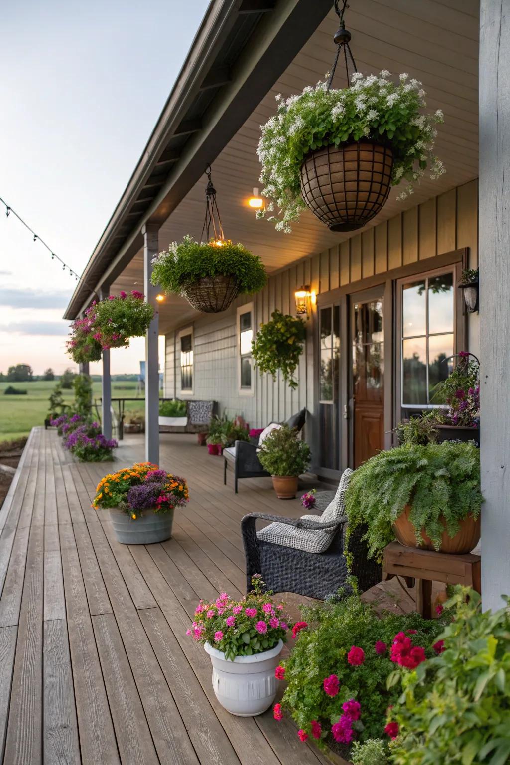 Embrace nature with lush greenery on your porch.