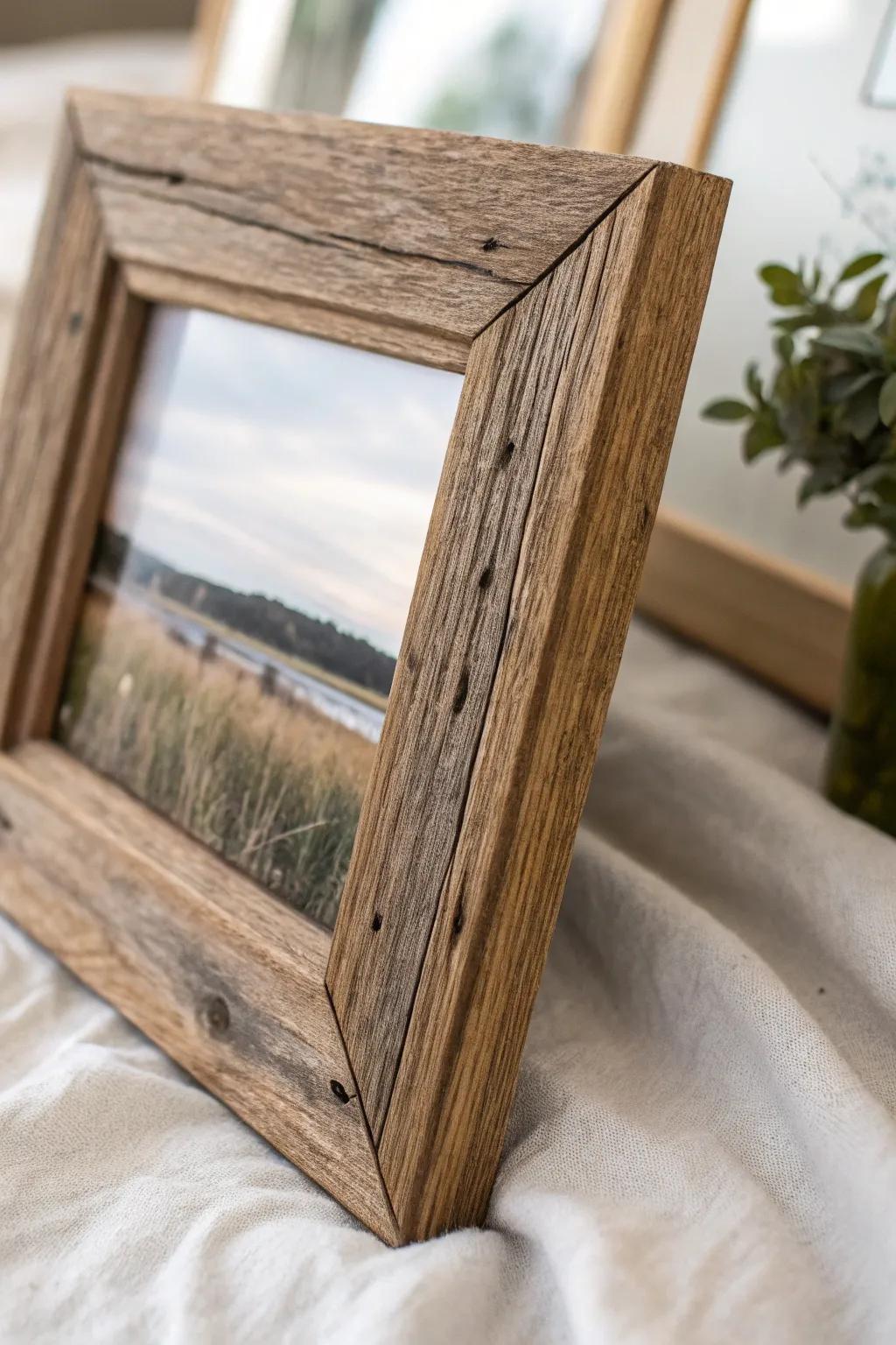 A detailed view of a reclaimed wood frame's natural textures.
