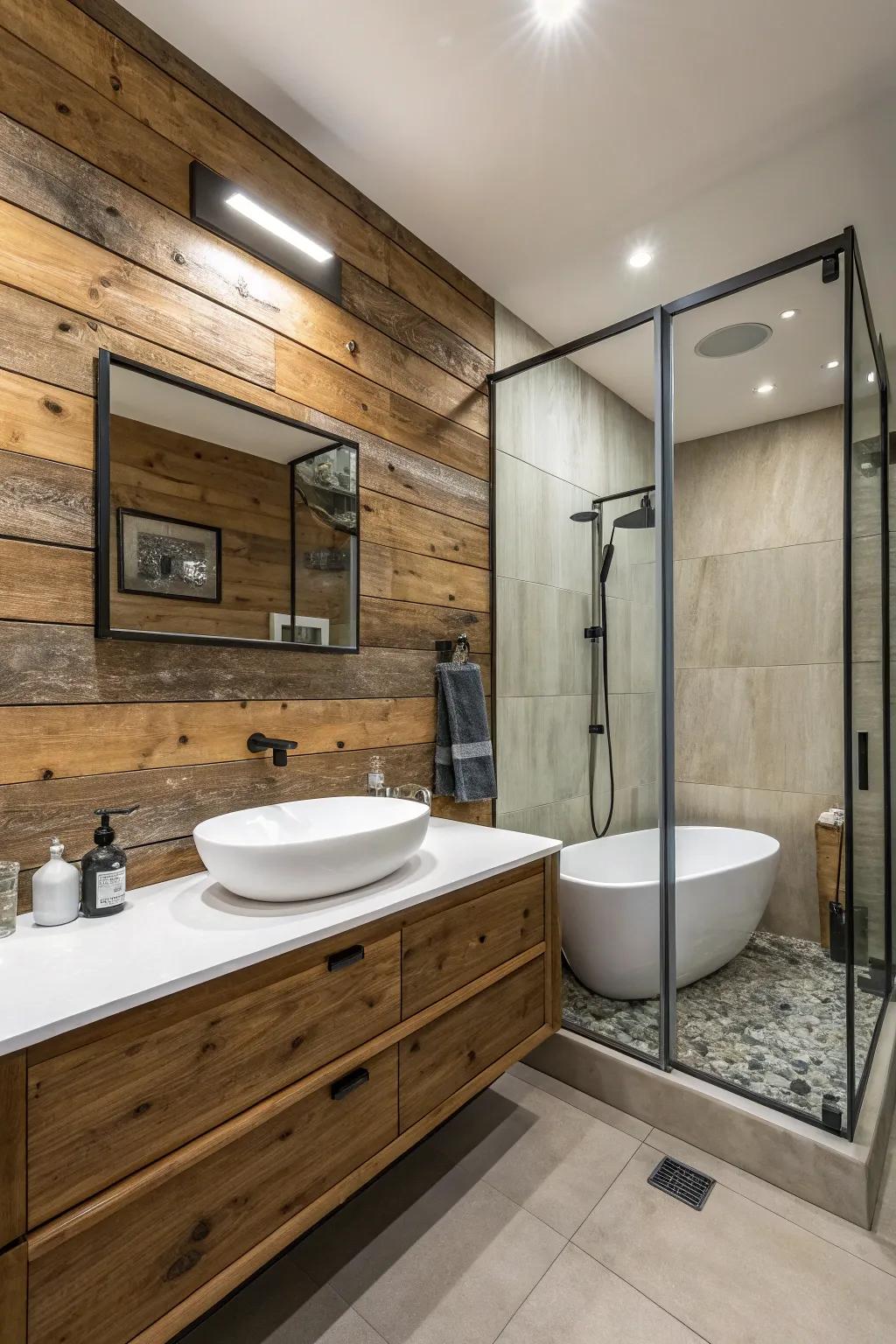 A barnwood wall contributing charm to a modern bathroom.