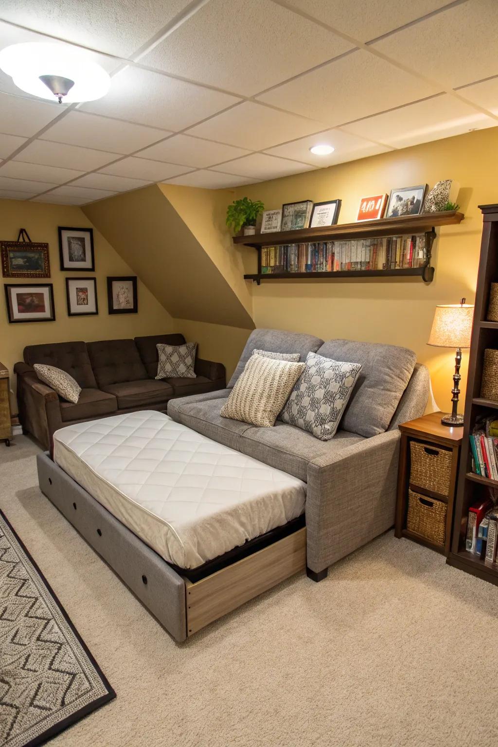 A storage bed and convertible sofa maximize space in this budget-conscious basement bedroom.