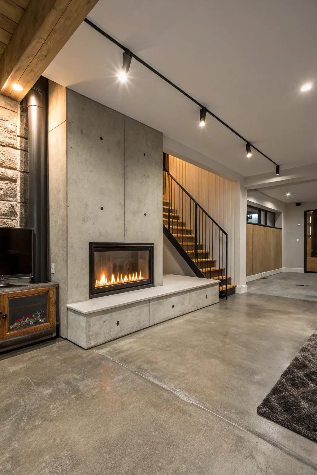 A fireplace paired with concrete floors creates a warm and inviting basement retreat.